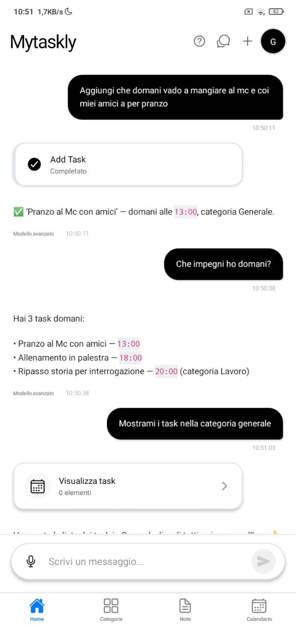 Chat testuale di MyTaskly con l'assistente AI